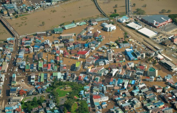 An aerial view shows a flooded residential area from heavy rains by Typhoon Lionrock in Kuji Iwate prefecture Japan