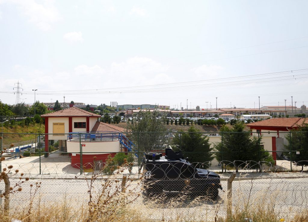 A police armoured vehicle patrol outside the Silivri prison complex near Istanbul Turkey