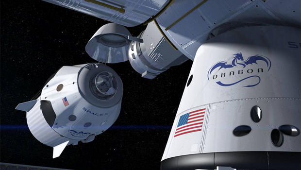 An artist's impression of a SpaceX Crew Dragon spacecraft on final approach to the International Space Station.         
                                     Space