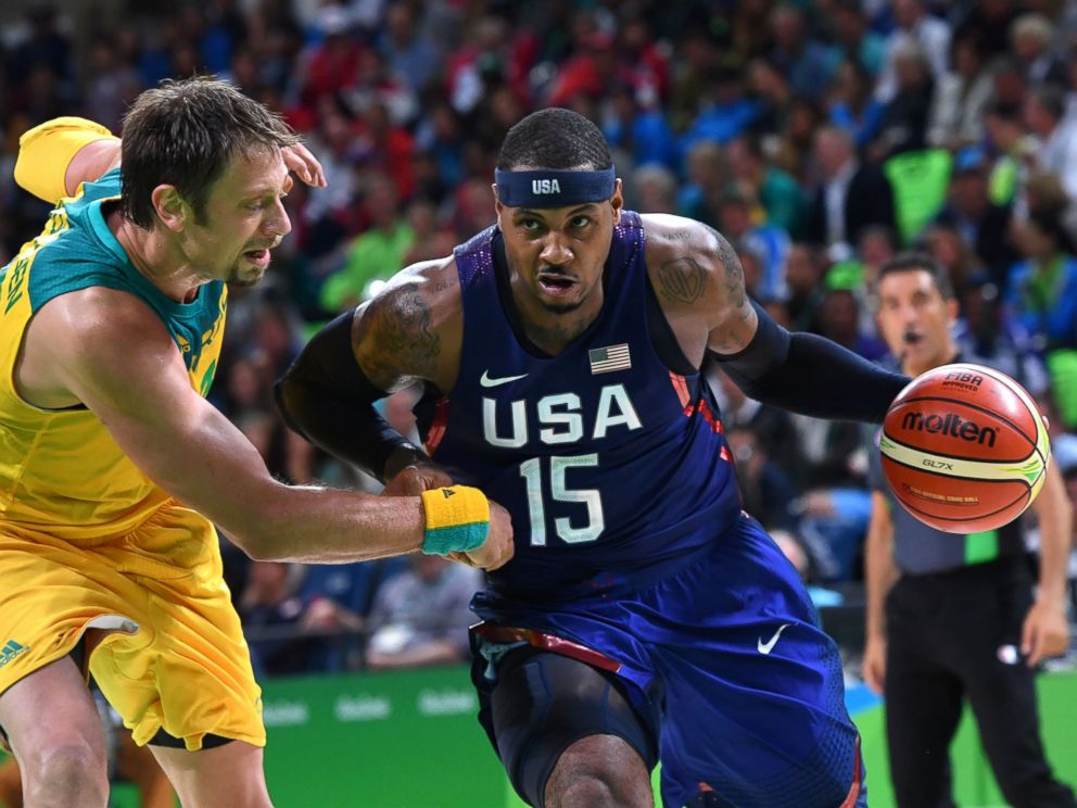 Andersen vies with USAs forward Carmelo Anthony during a Mens basketball match between Australia and USA at the Carioca Arena 1 on Aug. 10 2016 during the Rio 2016 Olympic Games