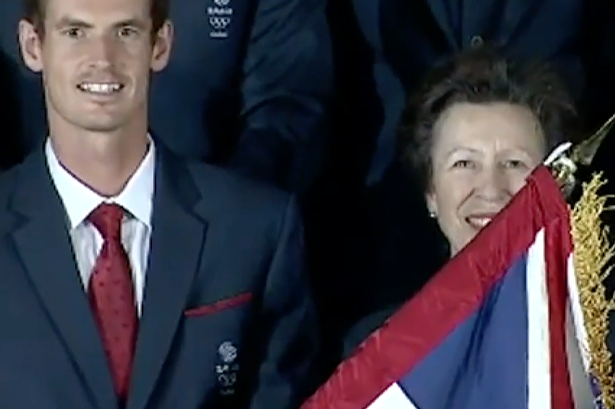 Andy Murray covers Princess Anne's face with the flag