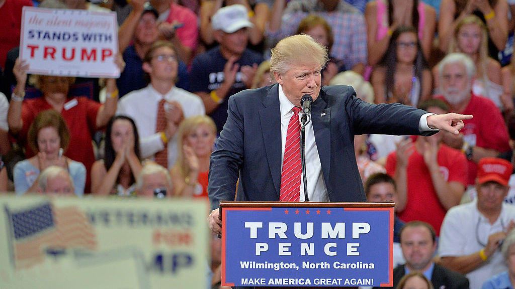 Republican presidential candidate Donald Trump addresses the audience during a campaign event at Trask Coliseum in Wilmington N.C. on Tuesday