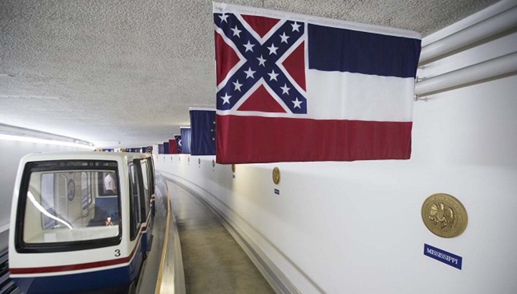 The Mississippi state flag is displayed with the banners of other American states territories and commonwealths above a walkway in the tunnel from the Capitol Building to the Dirksen Senate Office Building in Washington Friday