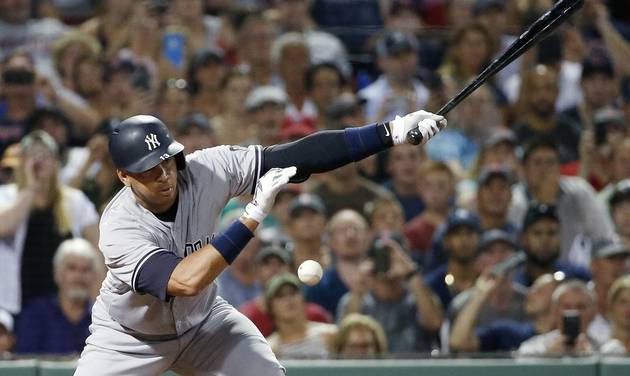 New York Yankees&#039 Alex Rodriguez grounds out to Boston Red Sox catcher Sandy Leon with the bases loaded allowing Brett Gardner to score during the eighth inning of a baseball game in Boston Thursday Aug. 11 2016