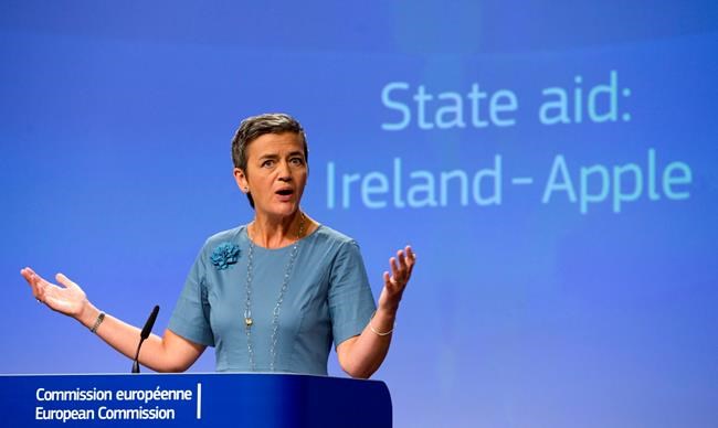 European Union Competition Commissioner Margrethe Vestager speaks during a media conference at EU headquarters in Brussels on Tuesday Aug. 30 2016. The European Union says Ireland has given illegal tax benefits to Apple Inc. and must now recover the unp