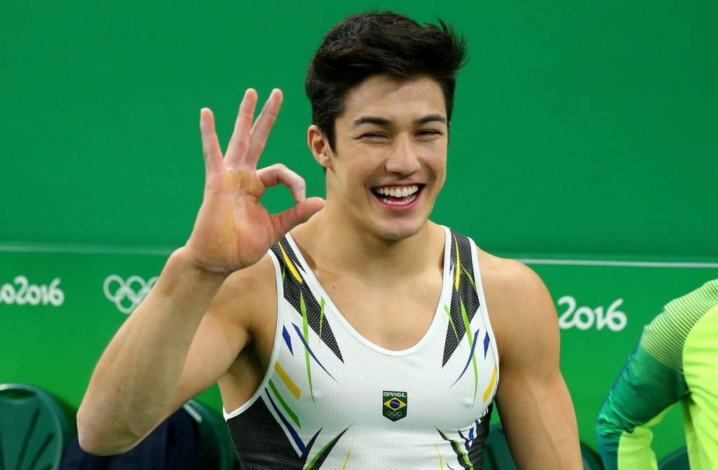 RIO DE JANEIRO BRAZIL- AUGUST 14 Arthur Mariano of Brazil celebrates after competing in the Men's Floor Exercise Final on Day 9 of the Rio 2016 Olympic Games at the Rio Olympic Arena