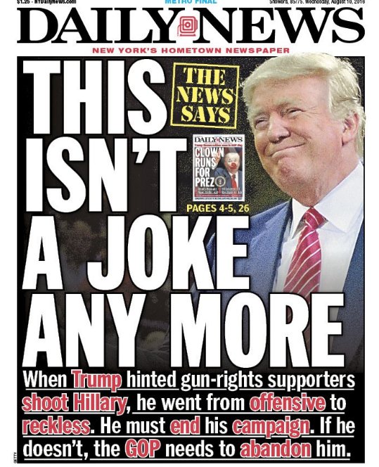 The front page of Wednesday's New York Daily News called for Donald Trump to end his presidential campaign- writing'This isn't a joke any more