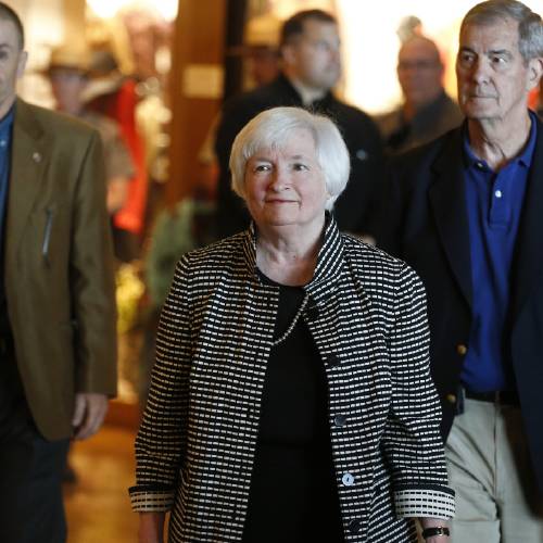 Chair Janet Yellen arrives for a reception on the opening night of the annual meeting of the world's central bankers at Jackson Lake Lodge in Grand Teton National Park north of Jackson Hole Wyo. Thursday Aug. 25 2016. Yel