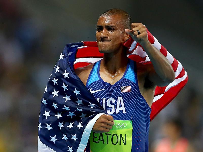 Ashton Eaton of the USA celebrates after winning the decathlon event