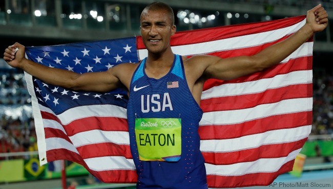 United States&#039 Ashton Eaton celebrates after winning the gold medal during the athletics competitions of the 2016 Summer Olympics at the Olympic stadium in Rio de Janeiro Brazil Thursday Aug. 18 2016