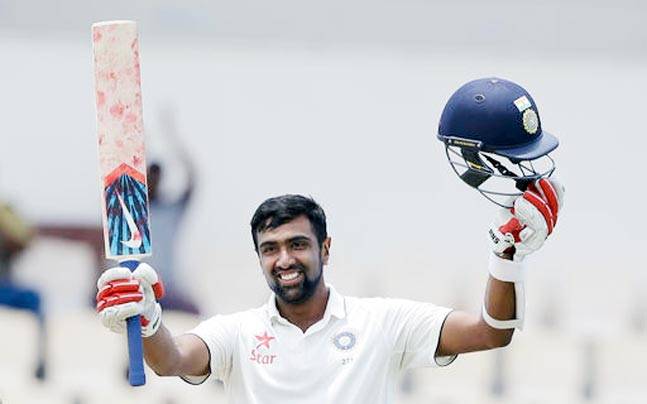 Ashwin celebrates after scoring his ton