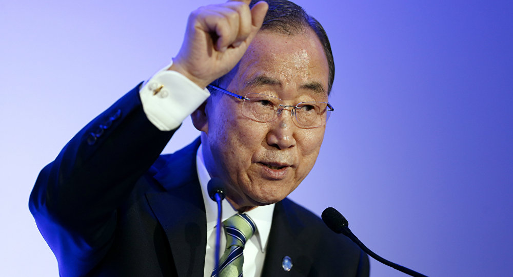 United Nations secretary general Ban Ki-moon delivers a speech during the Arctic  Svalbard presentation at the COP21 UN climate change conference in Le Bourget northeast of Paris