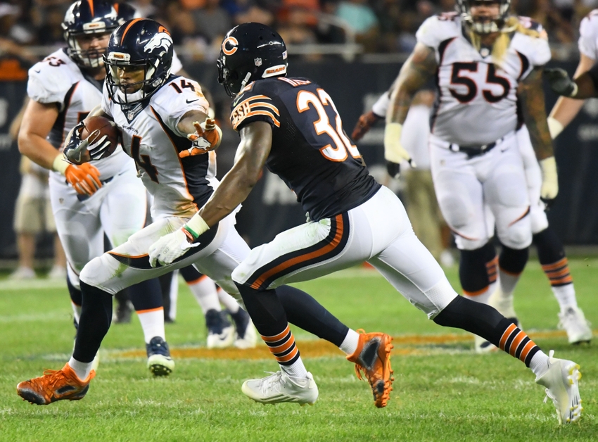 Aug 11 2016 Chicago IL USA Denver Broncos wide receiver Cody Latimer runs after a catch against Chicago Bears cornerback Deiondre