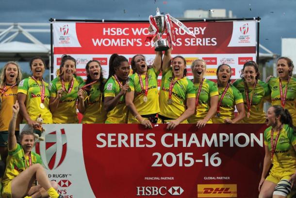 Australia's womens Sevens side celebrate winning the 2015/16 series