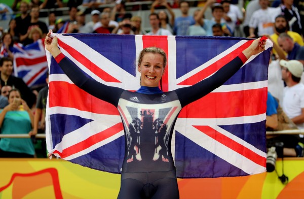 Great Britain's Rebecca James celebrates following her silver medal in the Women's Keirin Final on the eighth day of the Rio Olympics Games Brazil