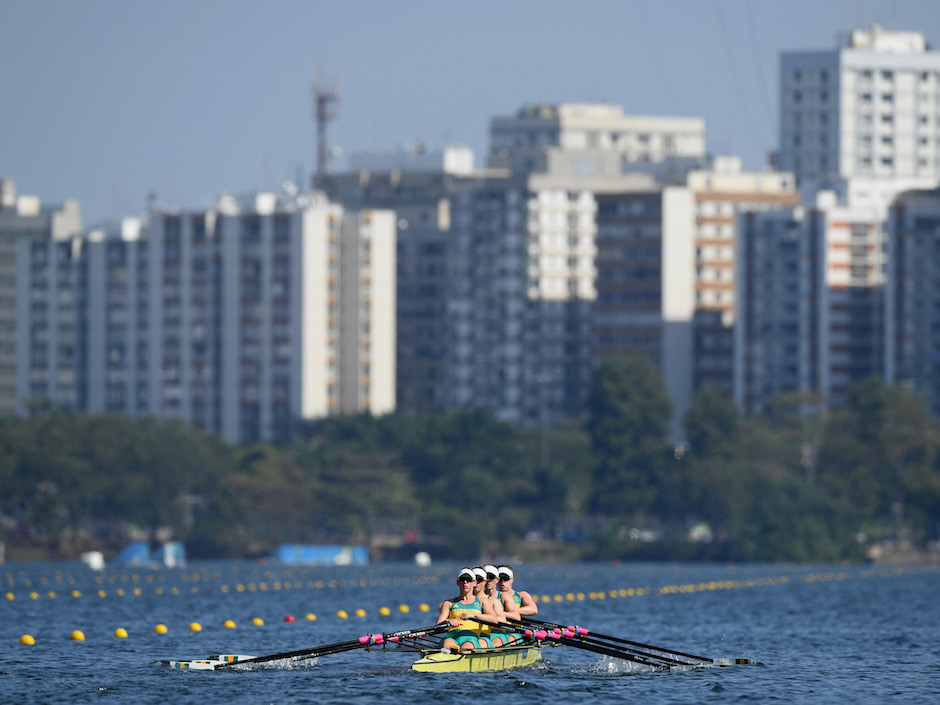 Australia competes in the women's quad sculls Heat 1 on Day 1 of the Rio 2016 Olympic Games at the Lagoa Stadium