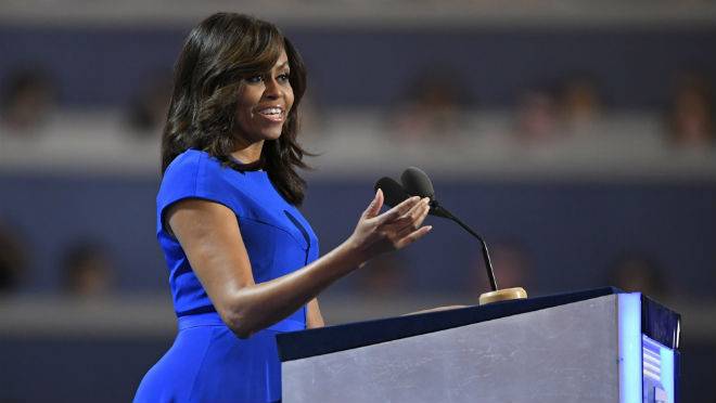 First Lady Michelle Obama speaks during the first day of the Democratic National Convention in Philadelphia, Monday