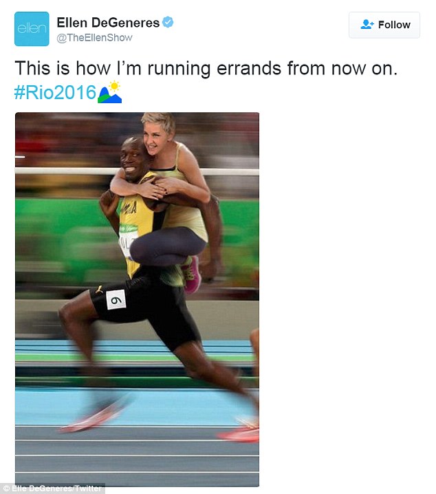 Backlash Ellen De Generes was accused of being a racist after she posted a meme of her riding on Olympian Usain Bolt's back on Monday