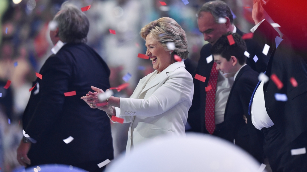 Balloons descend as Hillary Clinton celebrates on the final night of the Democratic National Convention