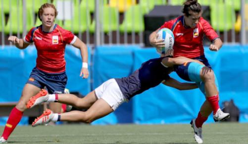 Barbara Pla of Spain is tackled by a French player during their Sevens Pool B thriller in Rio. The French won 24-7