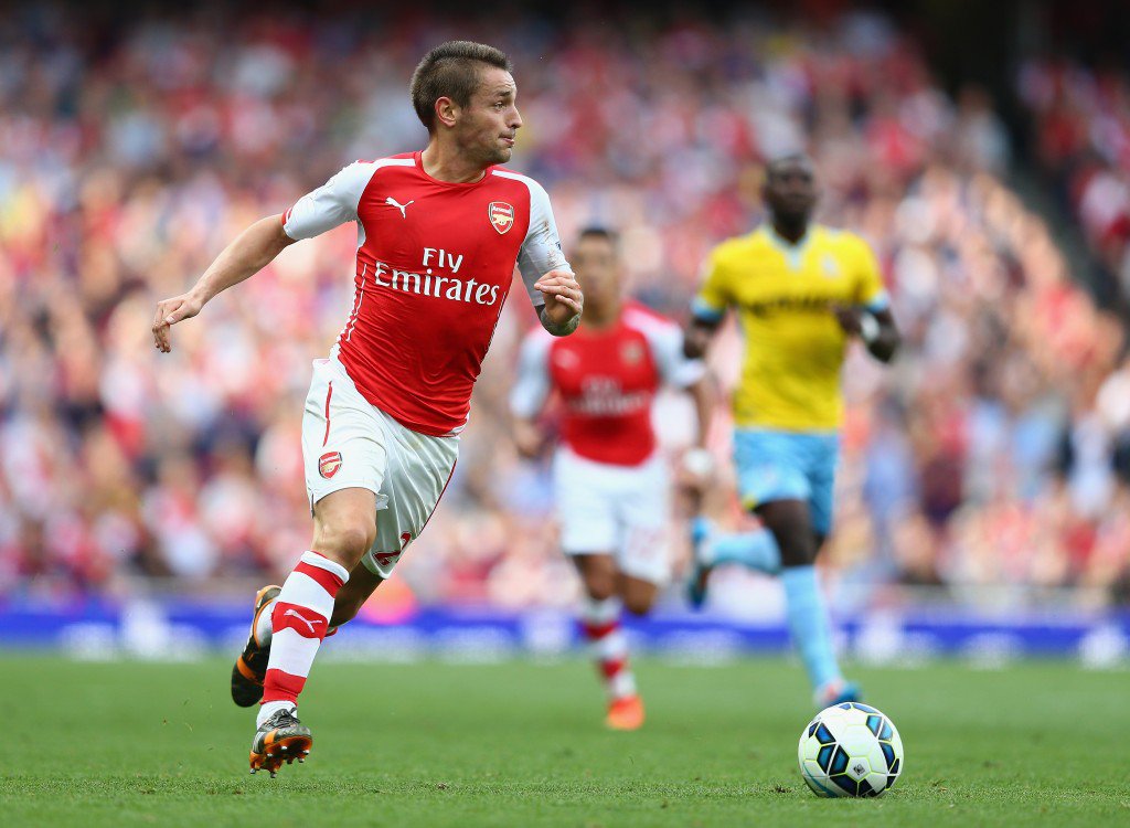 LONDON ENGLAND- AUGUST 16 Mathieu Debuchy of Arsenal in action during the Barclays Premier League match between Arsenal and Crystal Palace at Emirates Stadium