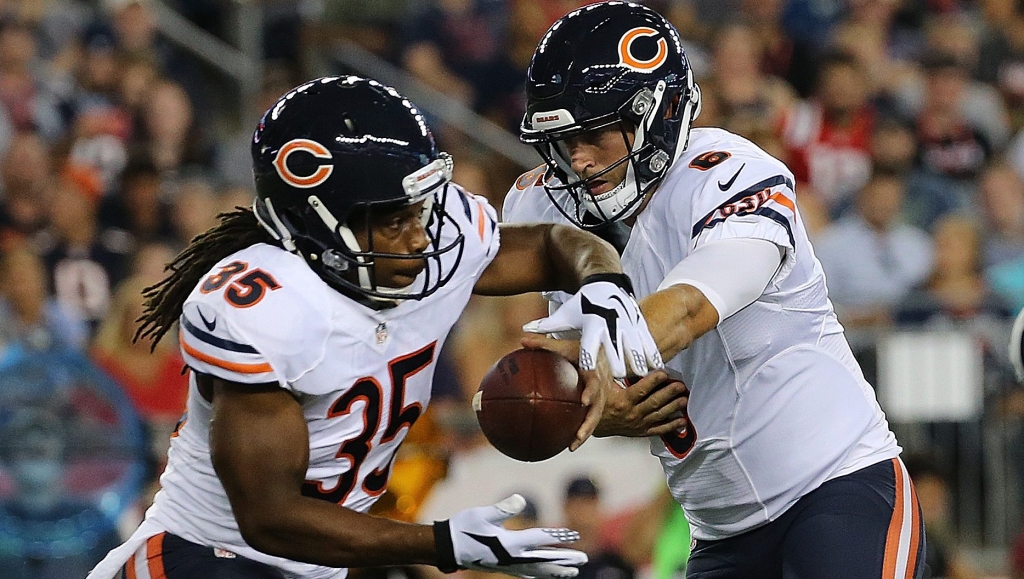 Bears quarterback Jay Cutler hands the ball to Jacquizz Rodgers during Week 2 of the preseason