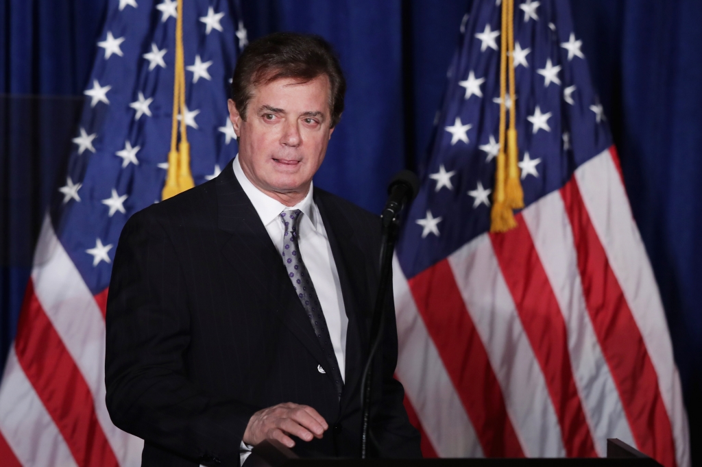 Paul Manafort advisor to Republican presidential candidate Donald Trump's campaign checks the teleprompters before Trump's speech at the Mayflower Hotel