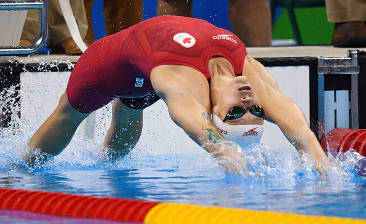 Canada’s Hilary Caldwell races the women’s 200m backstroke semifinals during the 2016 Olympic Summer Games in Rio de Janeiro Brazil on Thursday Aug. 11 2016