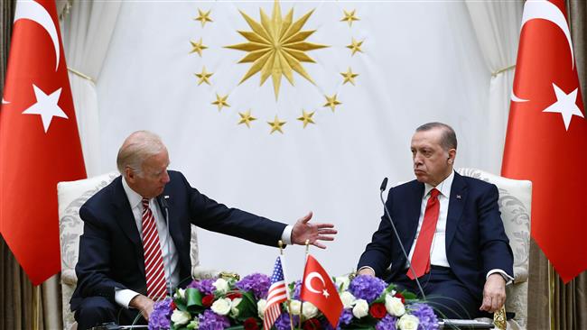 US Vice President Joe Biden and Turkish President Recep Tayyip Erdogan speaking during a press conference at the Turkish Presidential Complex in Ankara