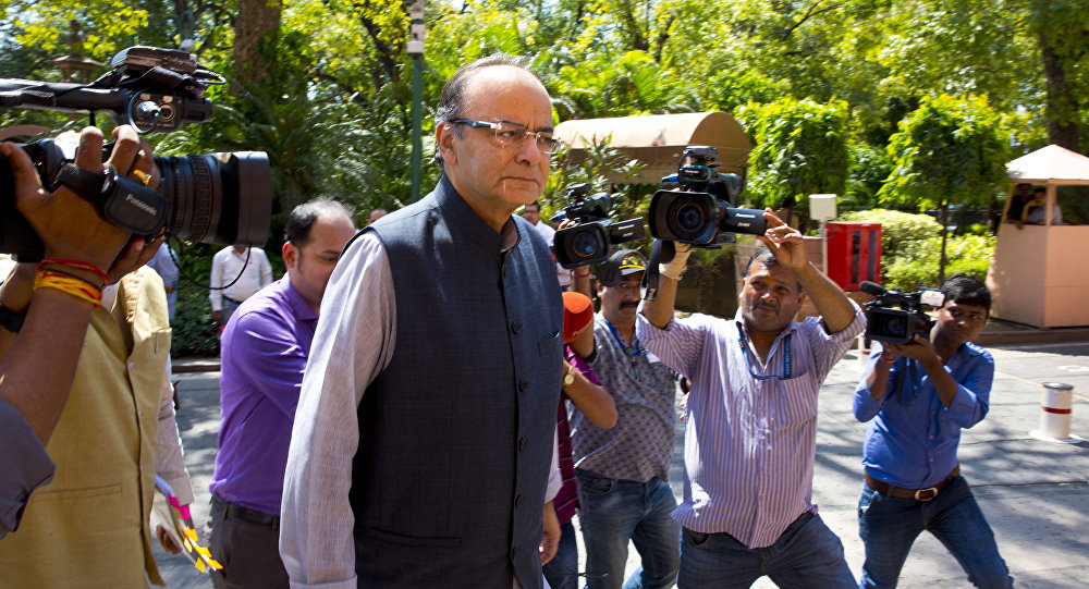 Indian Finance Minister Arun Jaitley arrives at the parliament house in New Delhi India Aug. 3 2017. The government on Wednesday is likely to present the goods and services tax or GST bill in the upper house of the parliament which if enacted will rep