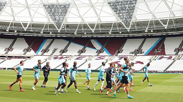 West Ham United players during training at the London Stadium yesterday