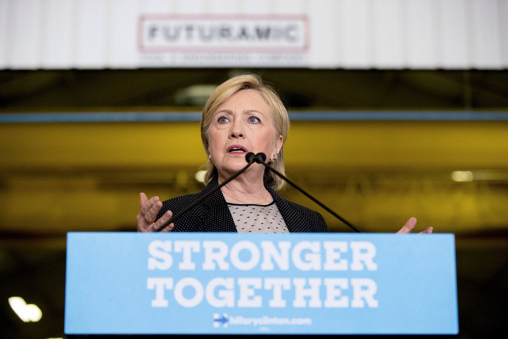 Democratic presidential candidate Hillary Clinton promotes her plan to invest in infrastructure after touring Futuramic Tool & Engineering in Warren Mich. on Thursday