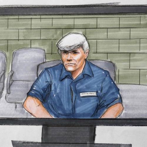 Tuesday Aug. 9 2016 courtroom sketch former Illinois Gov. Rod Blagojevich right appears via video from a Colorado prison during his re-sentencing in a federal courtroom in Chicago