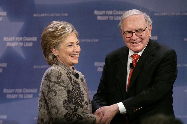 Bloomberg via Getty Images
Hillary Clinton and Warren Buffett at an event in 2007. The billionaire called out Donald Trump at a Clinton rally Monday