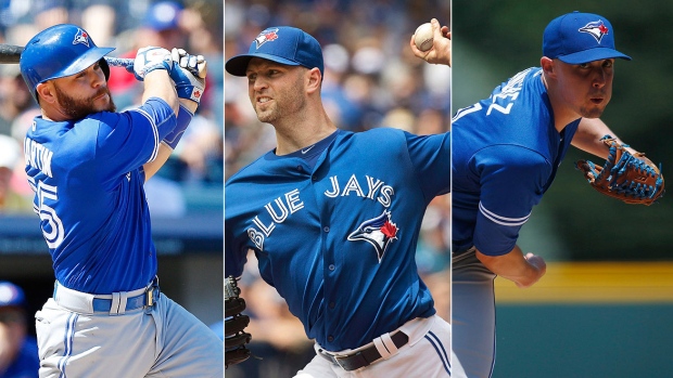 Blue Jays catcher Russell Martin left and starting pitchers J.A. Happ middle and Aaron Sanchez right have played important roles in helping the team remain in first place for much of August and will be leaned on the final six weeks of the season