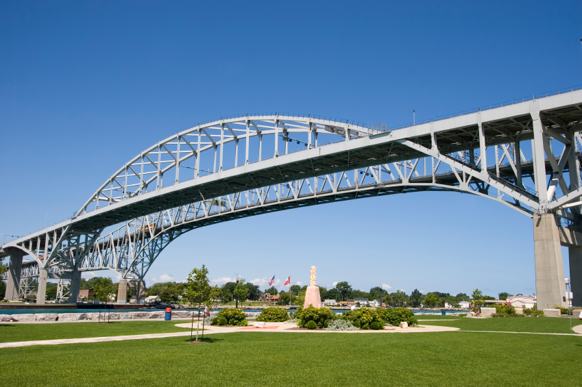 Blue Water bridge as seen from Sarnia Ontario crossing the St. Clair River into Port Huron Michigan