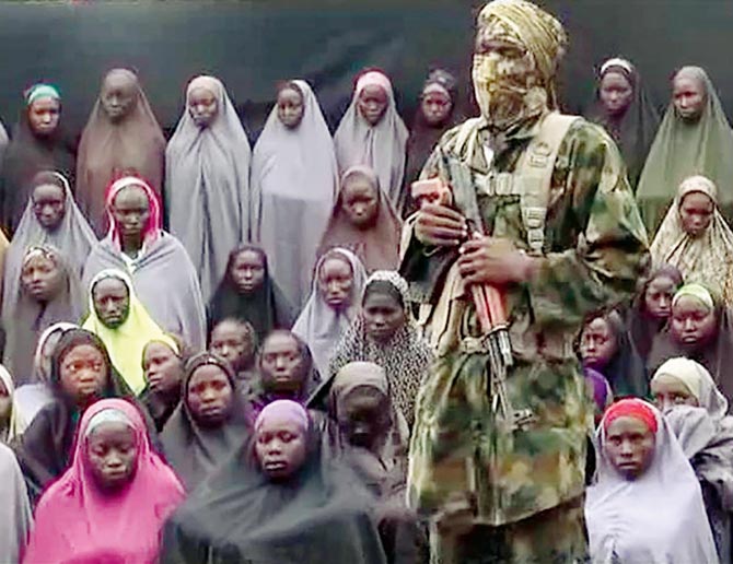 Boko Haram’s video of the girls allegedly kidnapped from Chibok in April 2014. Pic  AFP