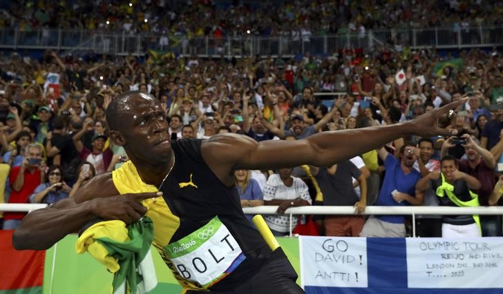 2016 Rio Olympics- Athletics- Final- Men's 4 x 100m Relay Final- Olympic Stadium- Rio de Janeiro Brazil- 19/08/2016. Usain Bolt of Jamaica celebrates their gold win. REUTERS  Kai Pfaffenbach