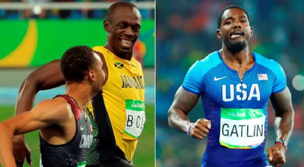 Bolt and Andre De Grasse share a laugh crossing the line and gatlin crashed out