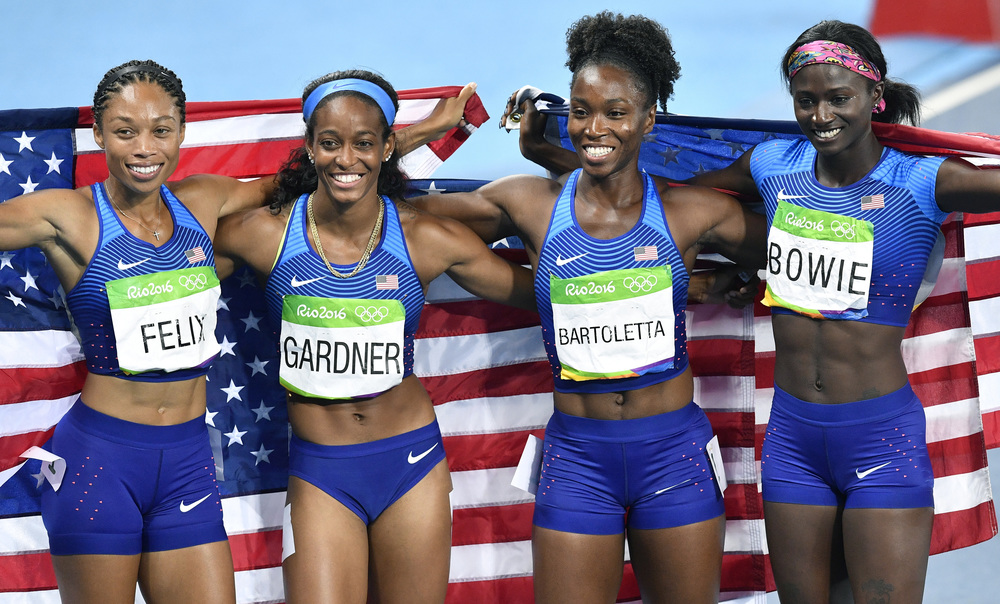 The U.S. women won the 4x100-meter relay on Friday night in Rio. From left Allyson Felix English Gardner Tianna Bartoletta and Tori Bowie ran a time of 41.01 the second-fastest ever. Felix won the fifth gold medal of her career the most ever by a wom