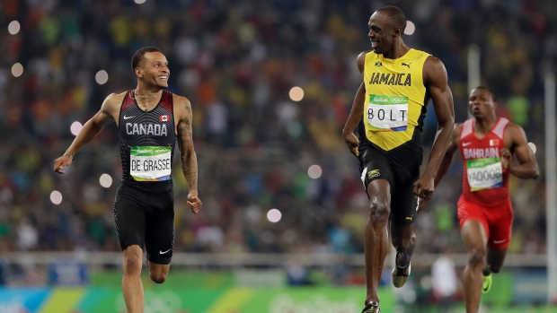 Andre De Grasse left smiles at Jamaica's Usain Bolt at the end of the 200-metre semi-final at the Rio Olympics. Tonight the 21-year-old Markham Ont. native will try to dethrone Bolt to win a gold medal