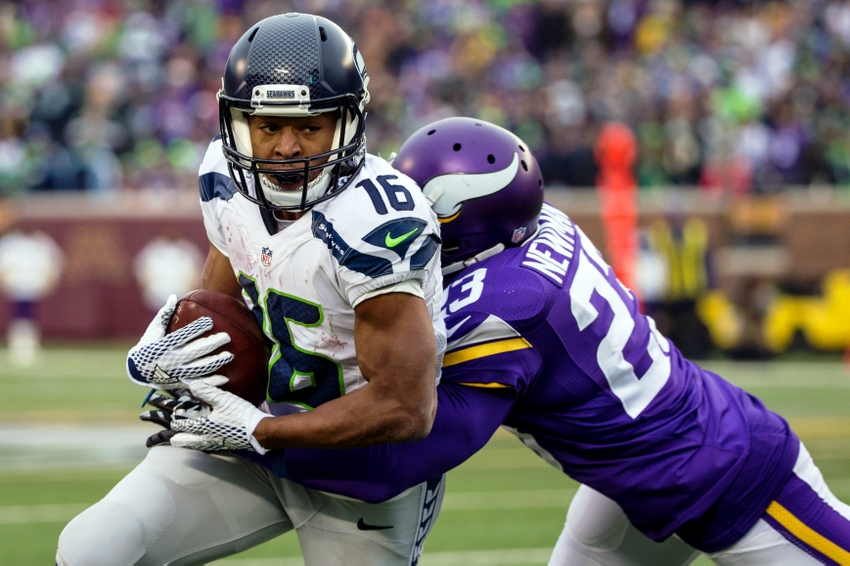 Dec 6 2015 Minneapolis MN USA Seattle Seahawks wide receiver Tyler Lockett is tackled by Minnesota Vikings defensive back Terence Newman during the fourth quarter at TCF Bank Stadium. The Seahawks defeated the Vikings 38-7. Mandatory Credit