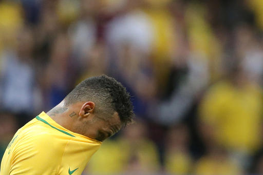 Brazil's Neymar reacts at the end of a group A match of the men's Olympic football tournament between Brazil and Iraq at the National Stadium in Brasilia Brazil Sunday Aug. 7 2016. The game ended in a 0-0 draw