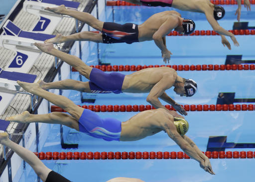 Brazil's Thiago Pereira United States Michael Phelps center and United States Ryan Lochte top compete in the final of the men's 200-meter