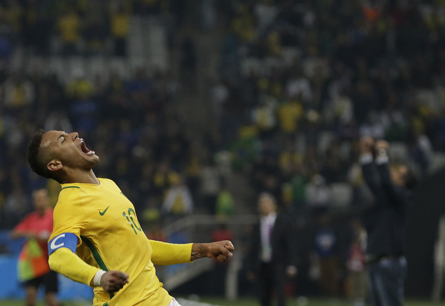 Brazil's Neymar celebrates at the end of a quarter-final match of the men's Olympic football tournament against Colombia in Sao Paulo Brazil Saturday Aug