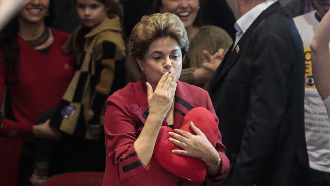 Brazilian suspended President Dilma Rousseff blows a kiss during a rally in Sao Paulo Brazil