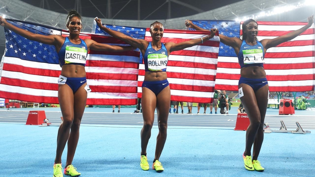 Brianna Rollins has led a US medal sweep in the women s 100m hurdles in Sally Pearson s absence