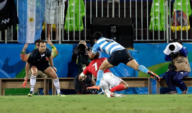 Britain's Daniel Bibby bottom scores the winning try against Argentina