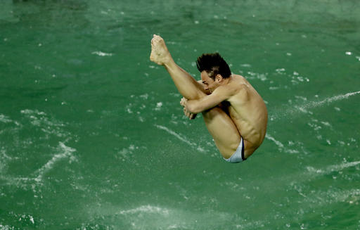 British diver Tom Daley takes part in a training session after the water in the diving pool turned green in the Maria Lenk Aquatic Center at the 2016 Summer Olympics in Rio de Janeiro Brazil Wednesday Aug. 10 2016