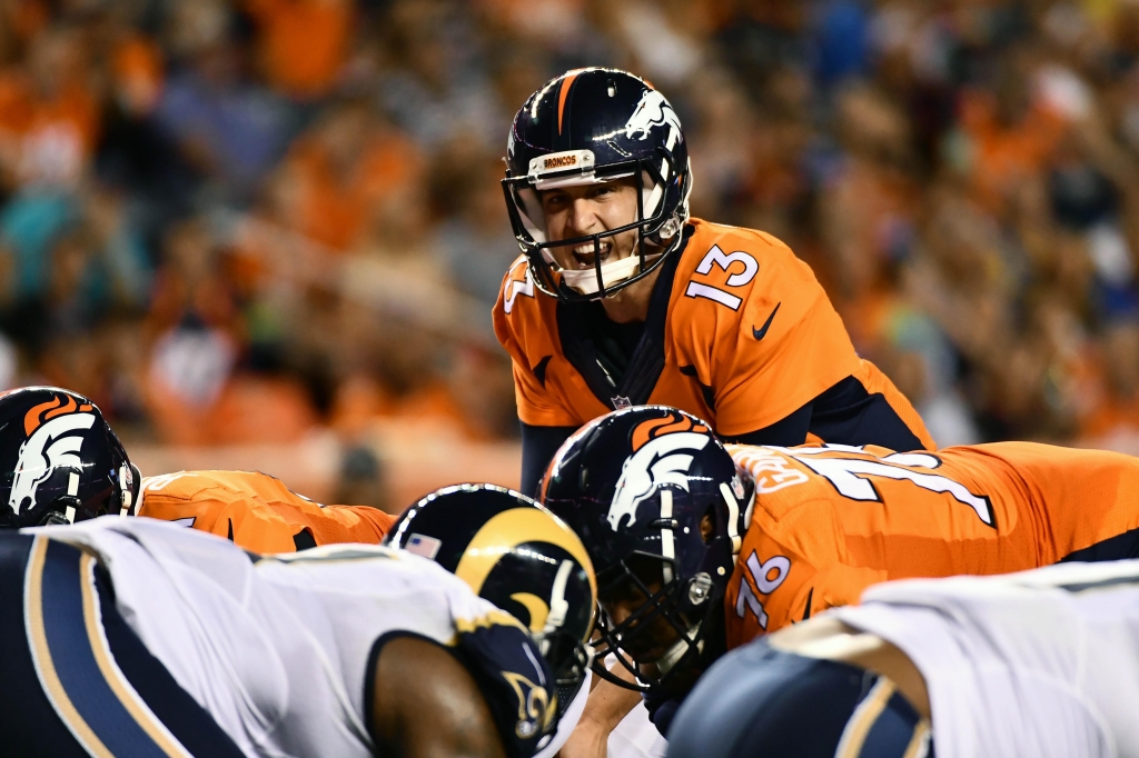 Aug 27 2016 Denver CO USA Denver Broncos quarterback Trevor Siemian calls out from the line of scrimmage during the second quarter of a preseason game against the Los Angeles Rams at Sports Authority Field at Mile High. Mandatory Credit Ron Che